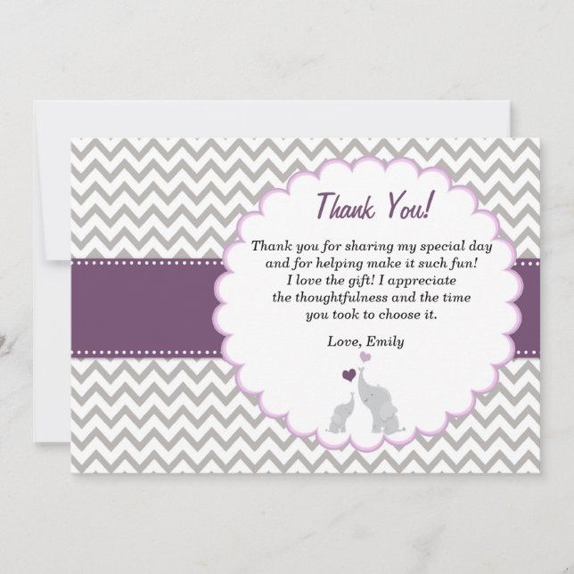 Elefante Gracias Tarjeta Niña Ducha Púrpura (Anverso)