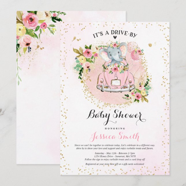 Elefante Impulso Por Invitación Baby Shower Rosa (Anverso / Reverso)