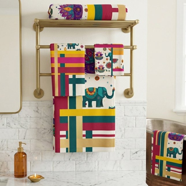 Elefante Indio Pavo Real Geométrico Colorido (Bath towel set featuring a fusion of traditional Indian motifs and modern design)
