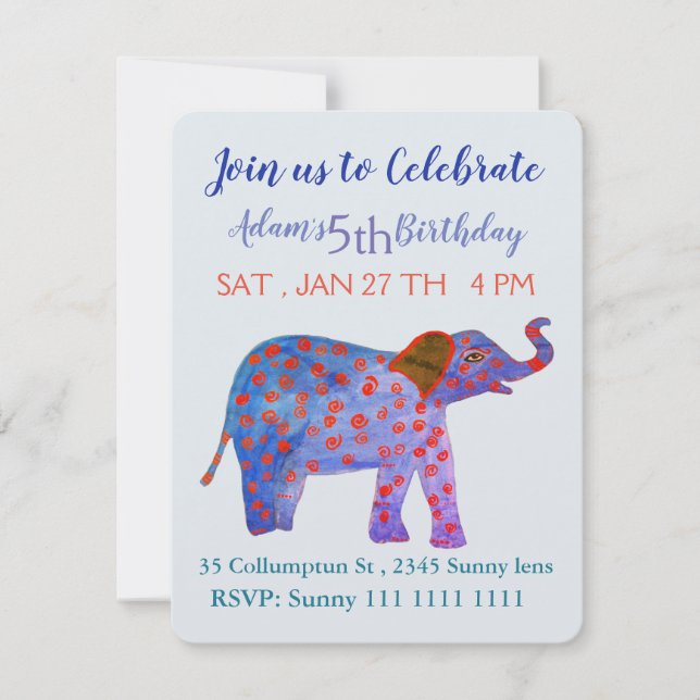 Elefante, invitación al cumpleaños del niño (Anverso)