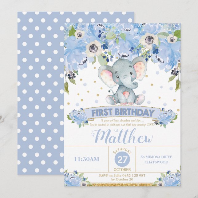 Elefante Invitación al primer cumpleaños niño Flor (Anverso / Reverso)