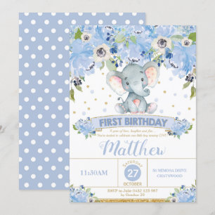 Elefante Invitación al primer cumpleaños niño Flor