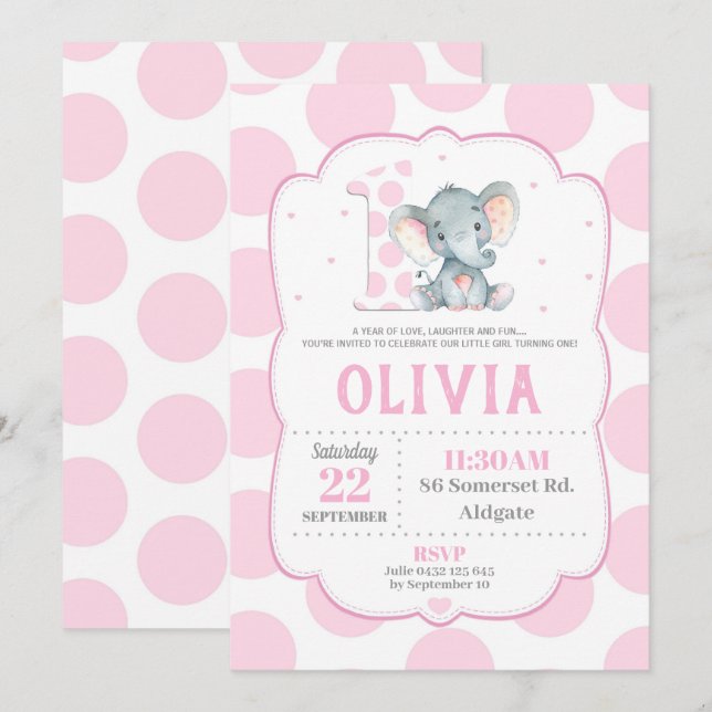 Elefante Invitación de cumpleaños 1 puntos rosados (Anverso / Reverso)
