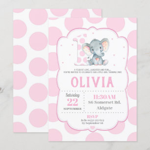 Elefante Invitación de cumpleaños 1 puntos rosados