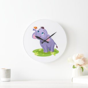 Elefante lindo con reloj de pared de mariposa