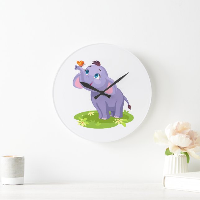 Elefante lindo con reloj de pared de mariposa (Hogar)