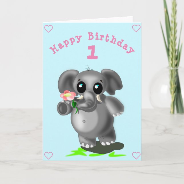 Elefante lindo con tarjeta de cumpleaños de flores (Anverso)