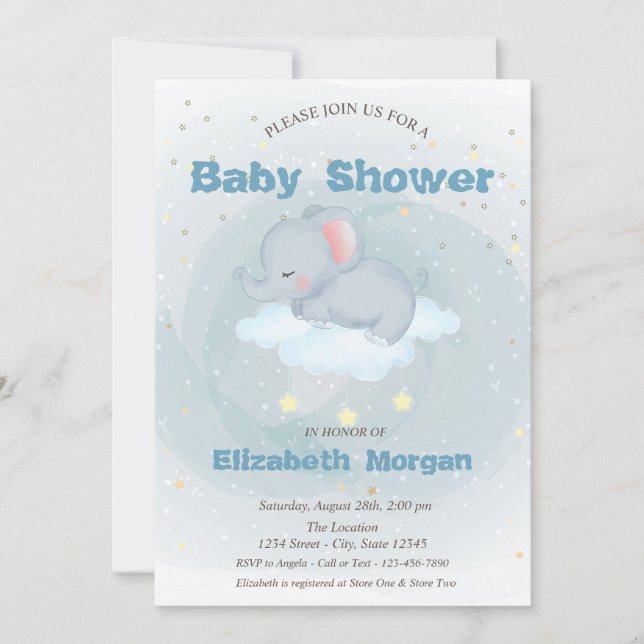 Elefante lindo, Nube, invitación Baby Shower de es (Anverso)