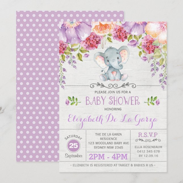 Elefante morado Floral Bebé Chica Invitación a duc (Anverso / Reverso)
