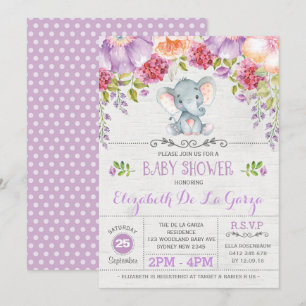 Elefante morado Floral Bebé Chica Invitación a duc