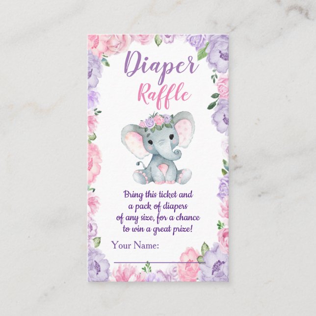 Elefante morado rosa Diaper Raffle Ticket Floral (Anverso)