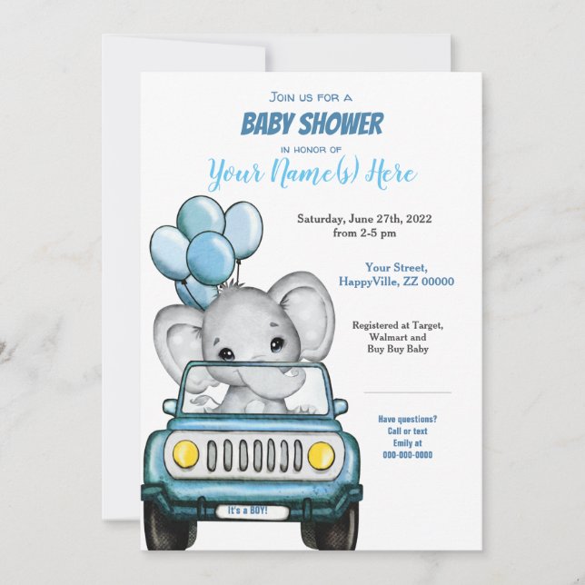 Elefante niño en la invitación de Baby Shower al c (Anverso)