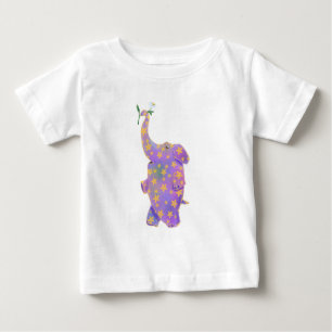 Elefante púrpura feliz con camiseta de bebé florid