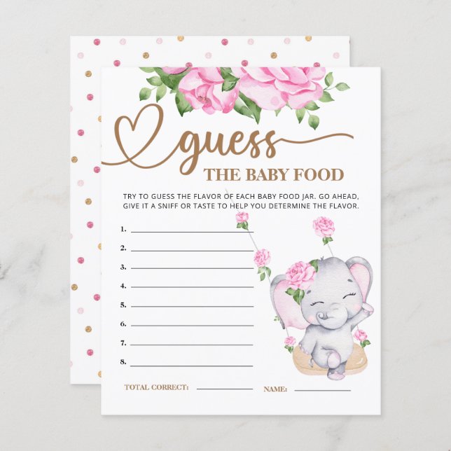 Elefante rosa Baby Shower adivina tarjeta de comid (Anverso / Reverso)
