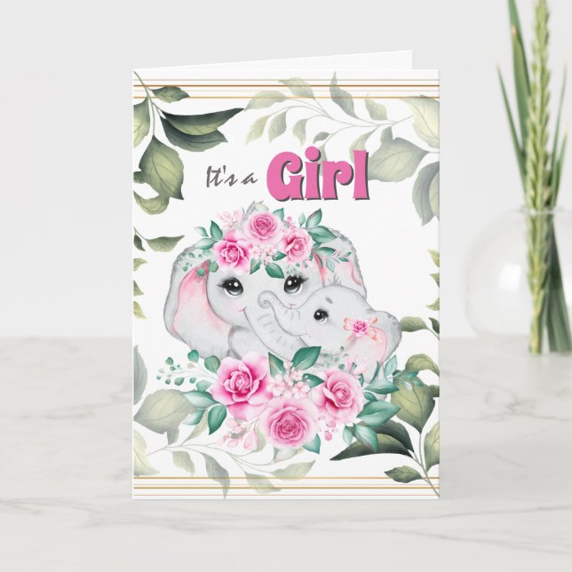 elefante rosa bebé bebé invitación de guirnalda (Anverso)