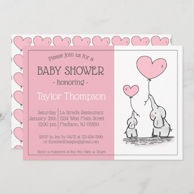 Elefante rosa Bebé globo de corazón Invitación a l (Anverso / Reverso)