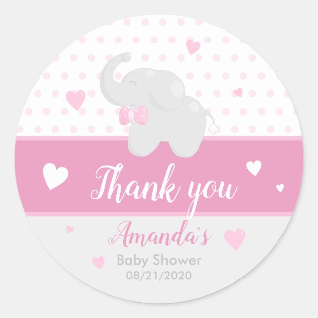 Elefante Rosa Chica Baby Shower Gracias Pegatina (Anverso)