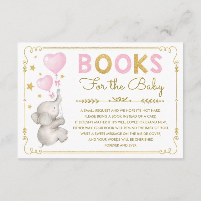 Elefante rosa de oro bebé trae tarjeta de libro (Anverso)