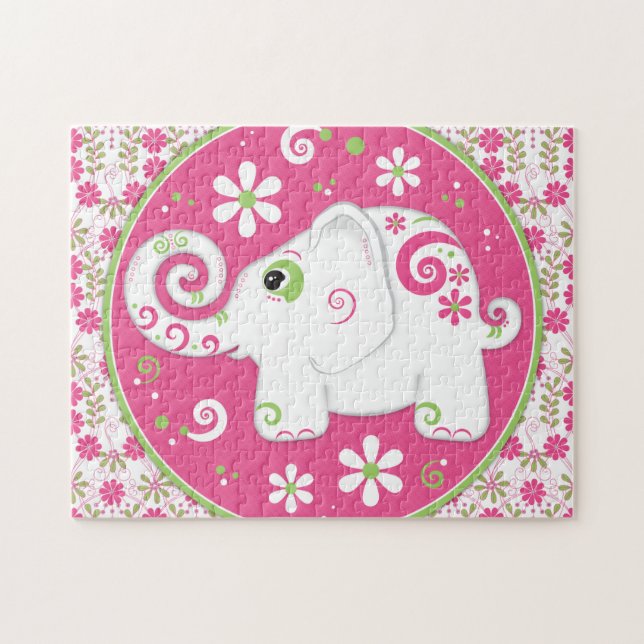 Elefante rosa y verde brillante y rompecabezas flo (Horizontal)