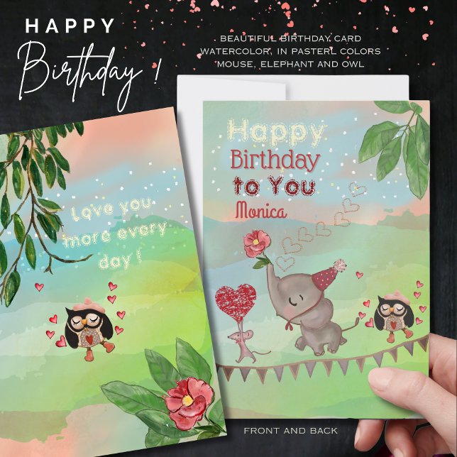 Elefante, tarjeta de cumpleaños de ilustracion de  (Elephant, Mouse &owl illustration Birthday Card )