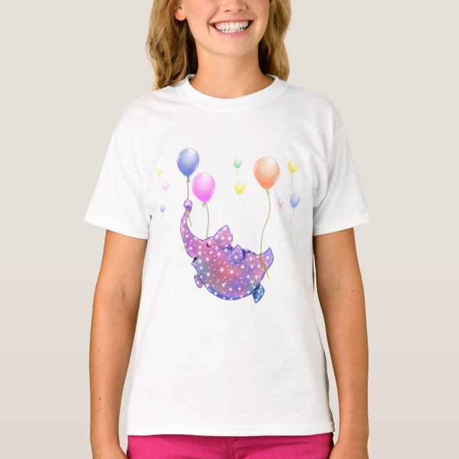 Elefante volando con globos graciosa camiseta (Anverso)