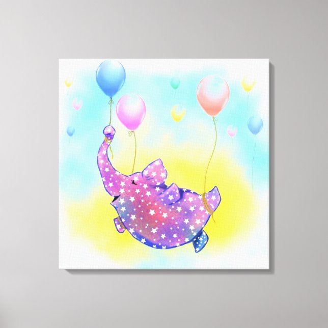Elefante volando con globos impresión en lienzo (Anverso)