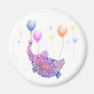 Elefante volando con un imán de globos coloridos