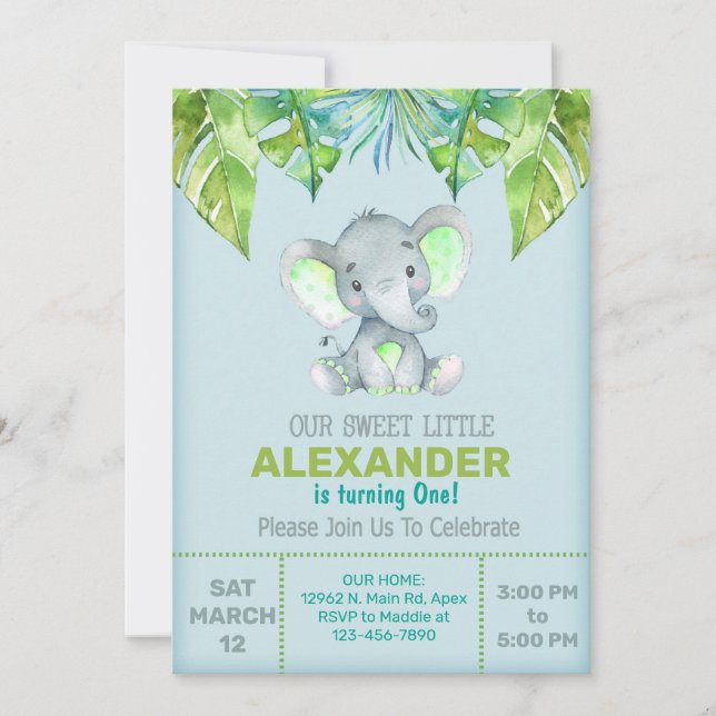 Elefante y deja la invitación de cumpleaños del ni (Anverso)