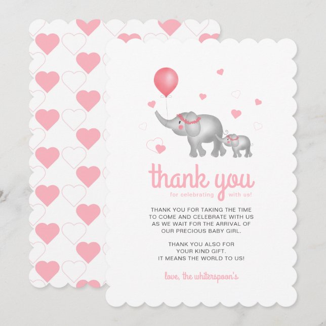 Elefantes acuarelas y corazones rosados - Tarjeta  (Anverso / Reverso)