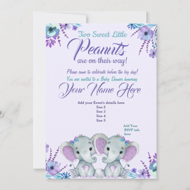 Elefantes Chicas gemelos Baby Shower Invitación Fl (Anverso)