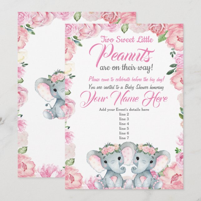 Elefantes gemelos rosas de la invitación a Baby Sh (Anverso / Reverso)