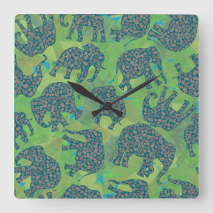 Elefantes Paisley, reloj de pared de hojas verdes