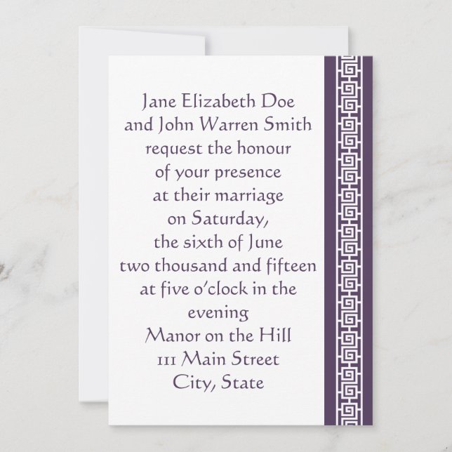 Elegancia china en invitación a la boda púrpura (Anverso)