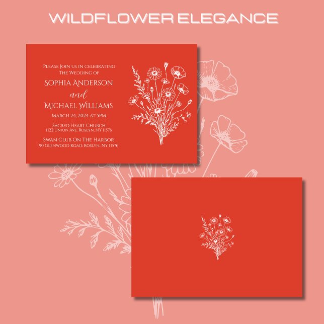 Elegancia de flores silvestres - Boda Invitación N (Wildflower Elegance Wedding Invitations-Red Orange-Rustic, country, bohemian, elegant)