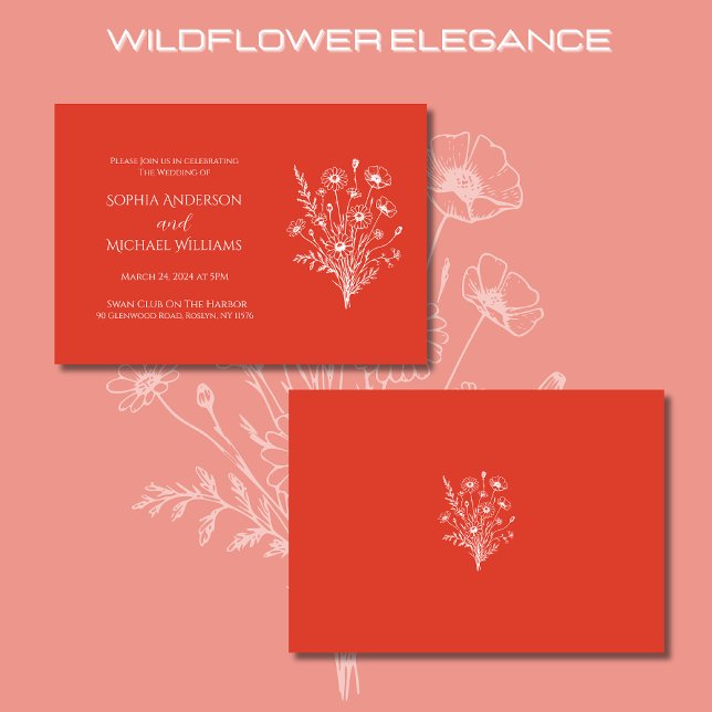 Elegancia de flores silvestres Boda Invitación Nar (Wildflower Elegance Wedding Invitations-Red Orange-Rustic, bohemian, country
)