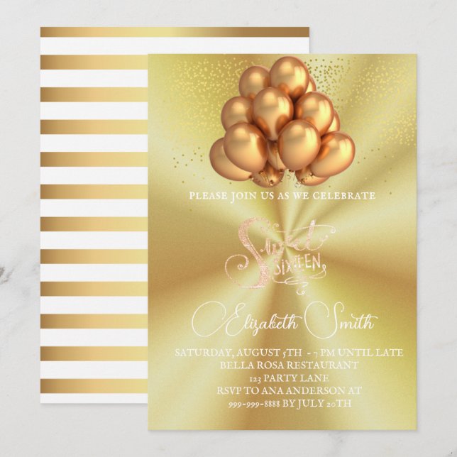 Elegancia de oro, invitación dulce de dieciséis (Anverso / Reverso)