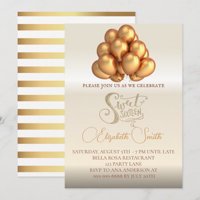 Elegancia de oro, invitación dulce de dieciséis (Anverso / Reverso)