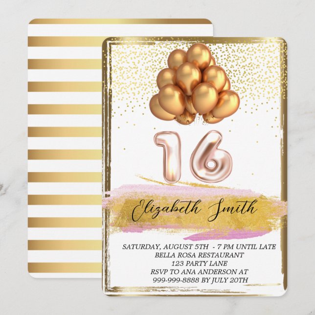 Elegancia de oro, invitación dulce de dieciséis (Anverso / Reverso)
