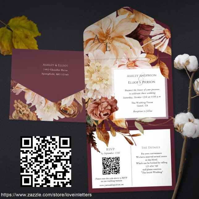 Elegancia de otoño, invitación de boda de otoño co (Maroon fall wedding invitation with QR code rsvp and details cards. Watercolor Floral autumn wedding)