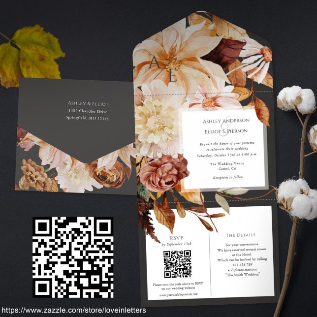 Elegancia de otoño, invitación de boda de otoño co (All-in-one Fall wedding invitation with QR code rsvp and details card. Autumn wedding invitations)