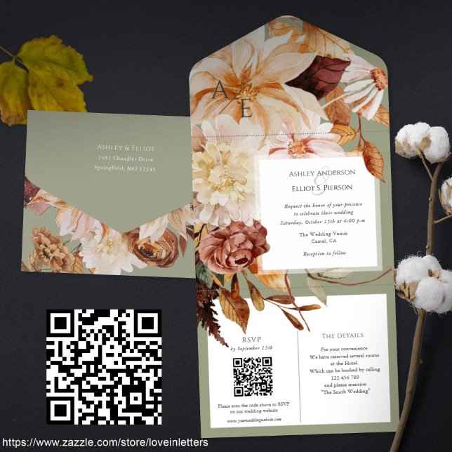 Elegancia de otoño, invitación de boda de otoño co (All-in-one, watercolor floral Fall wedding invitation with QR code rsvp. Sage green Autumn invites.)