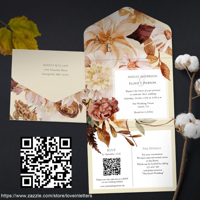 Elegancia de otoño, invitación de boda de otoño co (Fall wedding invites and QR code rsvp, details cards. Autumn themed wedding invitations. FLoral)