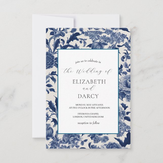 Elegancia de porcelana Invitación a la Boda Azul (Anverso)