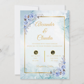 Elegancia en azul: Invitación a la boda con mármol