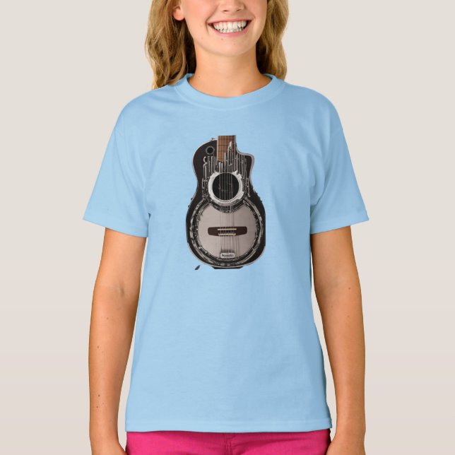 "Elegancia en Ebony: camiseta impresa de guitarra  (Anverso)