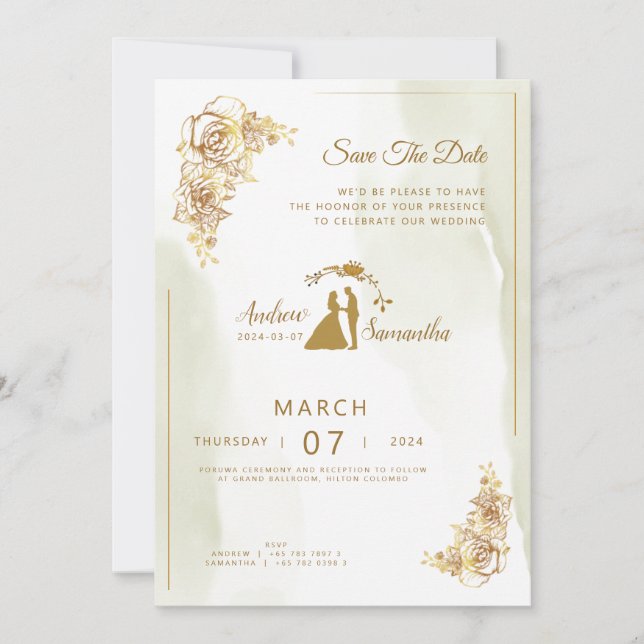 Elegancia en marfil, oro y invitación verde Boda (Anverso)