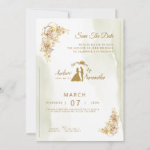 Elegancia en marfil, oro y invitación verde Boda