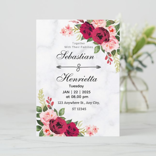Elegancia en rojo: Invitación a la boda floral (Anverso de pie)