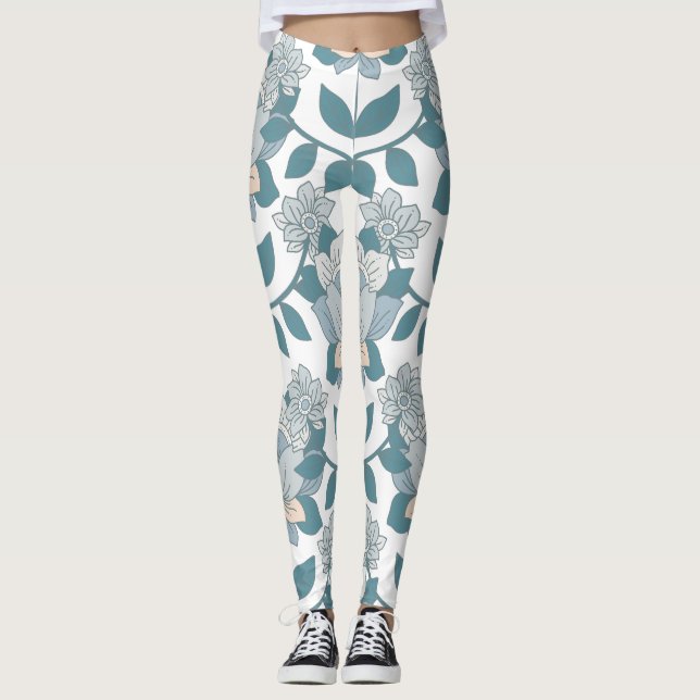 Elegancia floral verde azulada Leggings femeninas (Anverso)