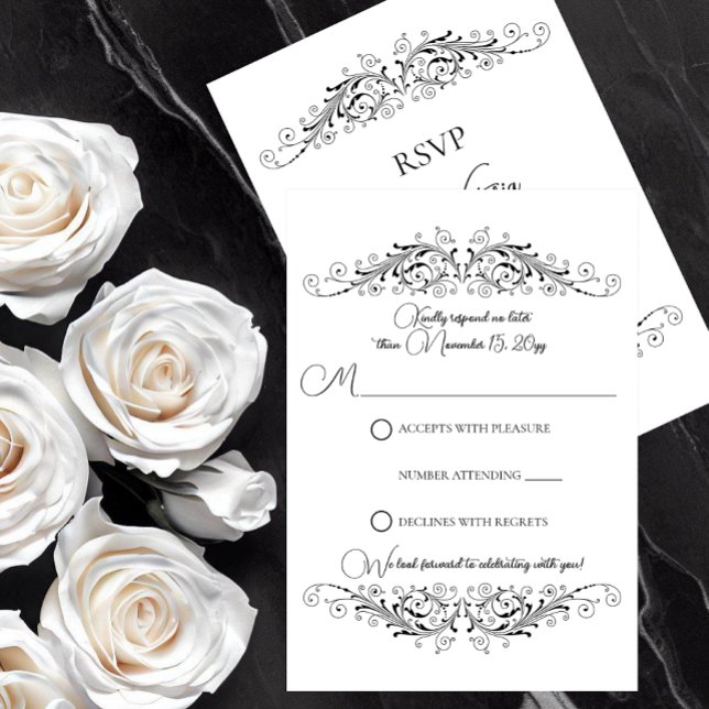 Elegancia florida en blanco y negro RSVP (Black and White Flourish Elegance RSVP card to let your guests respond to your wedding invitation.)